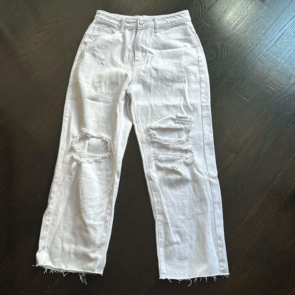 White WideLeg Ripped Jeans Medium